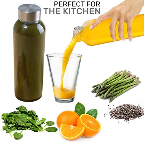 Brieftons Glass Water Bottles: 6 Pack, 18 Oz, Stainless Steel Leak Proof Lid, Premium Soda Lime, Best As Reusable Drinking Bottle, Sauce Jar, Juice Beverage Container, Kefir Kit - With Cleaning Brush