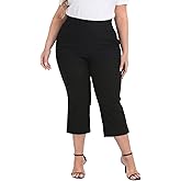 HDE Plus Size Pull On Capri Pants for Women with Pockets Elastic Waist Commuter Travel Casual Work Cropped Pants with Cuff