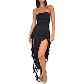 Balimtoy Women's Y2k Strapless Ruffle Bodycon Maxi Dress Tube Top Ruched Split Thigh Formal Club Party Long Dresses
