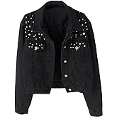 Kedera Women Oversized Denim Jacket Embroidered Pearls Beading Jeans Coat