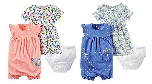 Carters 4 Piece Cotton Baby Girls Dress and Romper Outfit Set (9 Months, Blue Flowers and Peach Butterflies)