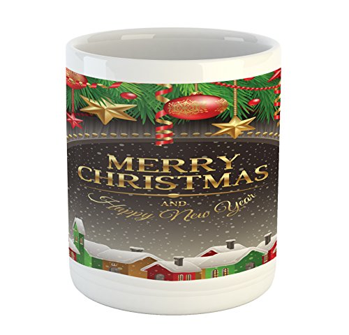 Ambesonne Christmas Mug, Classic Rustic Design Season Greetings Yellow Colored Letters Village Ornaments, Ceramic Coffee Mug Cup for Water Tea Drinks, 11 oz, Dark Eggshell