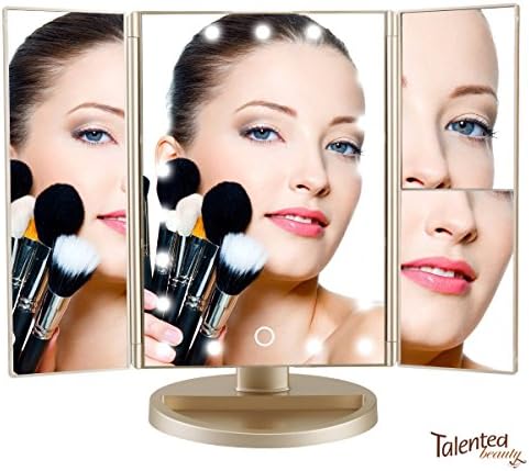 Talented Beauty Trifold LED Makeup Mirror in Champagne Gold, 2x and 3x Magnifying Options and Touch Screen, USB Charging, Battery Powered, LED, 180 Adjustable, Illuminating Folding Cosmetic Mirror