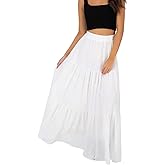 Annebouti Womens Spring Summer Boho Elastic Long Skirts High Waist Pleated A Line Tiered White or Black Maxi Skirt