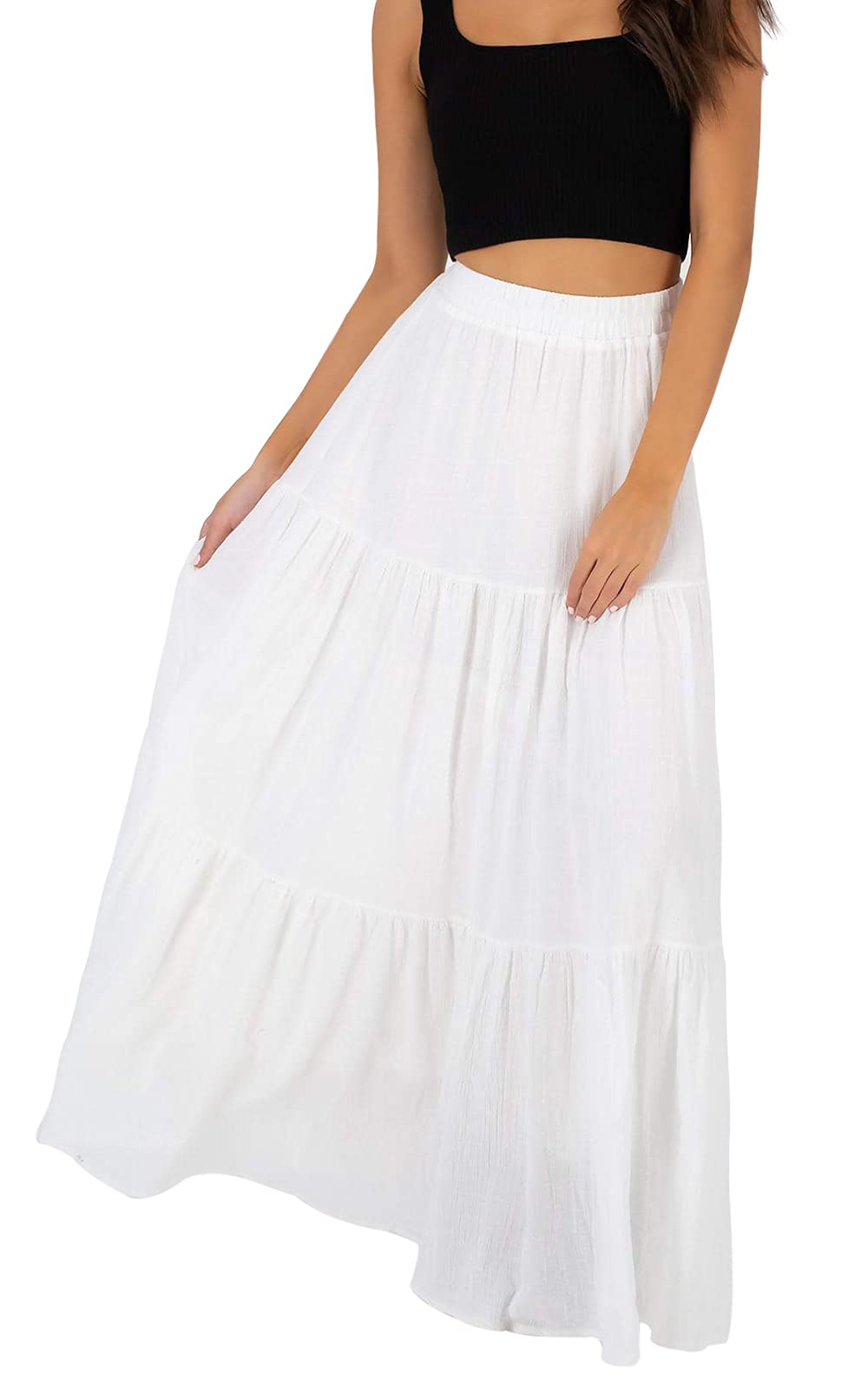 Photo 1 of Annebouti Long Pleated Skirts for Women 2025 Spring Summer White Elastic Waist Boho A Line Trendy Beach Tiered Maxi Skirt S