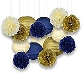 Just Artifacts Decorative Paper Party Pack (15pcs) Paper Lanterns and Pom Pom Balls - Ivory/Navy/Gold