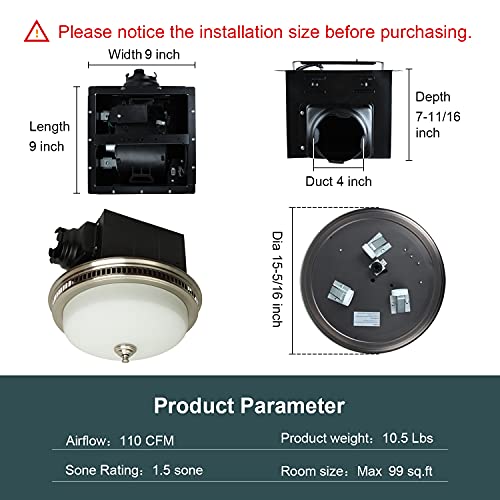 Ultra Quiet Bathroom Exhaust Fan with LED Light and Nightlight 110CFM 1