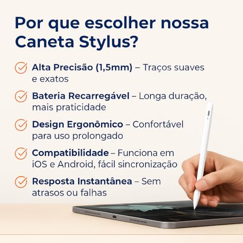Caneta Digital Stylus Touch Screen | Recarregável USB, Alta Precisão, Ponta Fina 1.5mm, Compatível iOS e Android