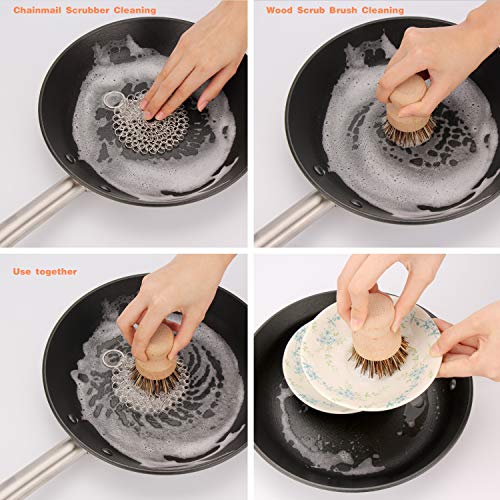 GAINWELL Stainless Steel Chainmail Scrubber Set Cast Iron Cleaner 4in with Wood Scrub Cleaning Brushes