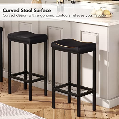 HOOBRO Bar Stools, Set of 2 Bar Chairs, Counter Height Stools, Saddle Barstools with Curved Surface, 24.8 Inches, 2.4" Thick Upholstery, for Kitchen, Dining Room, Cafe Black BB10BY01