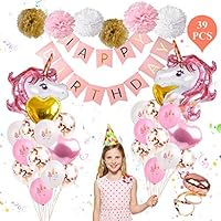 Unicorn Balloons Birthday Party Decorations - Unicorn Birthday Party Supplies Kit, Set of 39 Included Rose Gold Happy Birthday Banner, Gold & Rose Gold Heart Balloons, Paper Pom Poms for Baby Shower/Birthday Party By FengRise