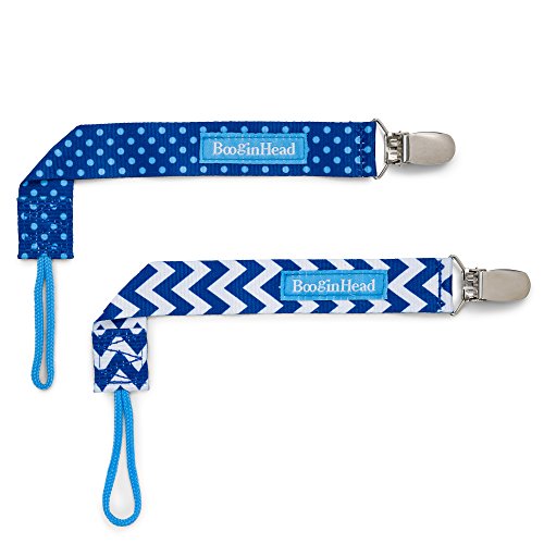 BooginHead Baby Newborn PaciGrip Pacifier Clip, Holder, Toy, Teether, Soothie, Universal Loop Girl, Boy, Blue Chevron, Blue Polka Dots, 2 Pack