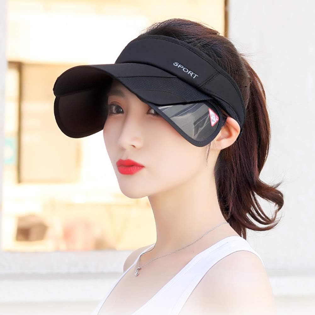 Summer Sun Visor Hat - Women Adjustable Golf Cap with Retractable Brim, UV Protection Beach/Tennis Sport Hat (Black): Clothing