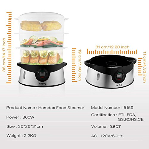 9.5 Quart Food Steamer BPA Free, 3 Tier Stackable Baskets Vegetable Steamer with Rice and Grains Tray, Electric Steamer 800W Fast Heat up - Thumbnail 5
