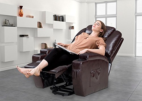 Windaze Power Lift Recliner Chair with Heat Massage, Living Room Bonded Leather Movable Sofa Chair for Elderly Brown - Thumbnail 6