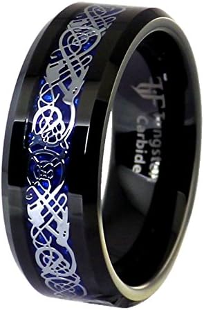 Black Tungsten Blue Carbon Fiber Celtic Dragon Ring Mens Womens 8mm Wedding Band Sizes 6-17