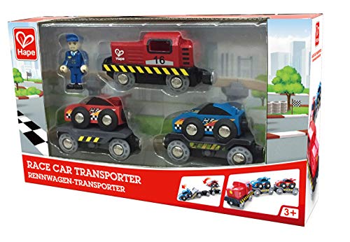 Hape Eisenbahn Rennwagen-Transporter, Frachtzug ab 3 Jahren, Eisenbahn – Bild 7