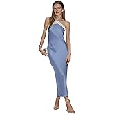 Caviotess Women's Sexy Halter Satin Maxi Dress Elegant Lace Trim Backless Bodycon Long Dress Cocktail Party Dress