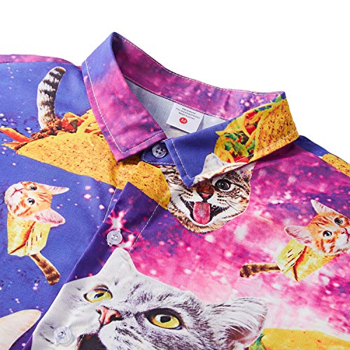 TUONROAD Shirt Mens Taco Cat 3D Printed Ugly Shirt Short Sleeve Casual Tropical Holiday Hawaiian Shirt Retro Button Dowm Funky Shirt M