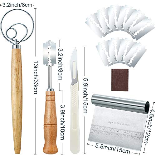 Danish Dough Whisk Bread Mixer, Wooden Handle Bread Lame with 10 Pieces