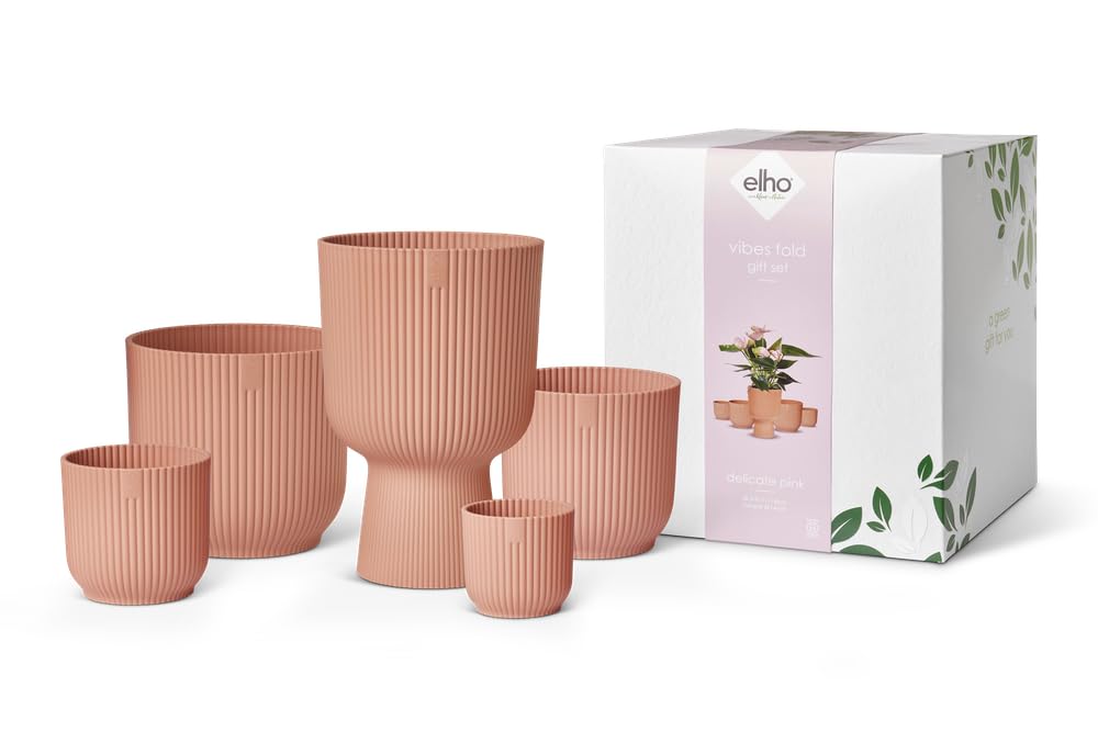 elho Vibes Fold Round Gift Set - Plant Pots Indoor - 100% Recycled Plastic - Set of 5 - Ø 7, 9, 11, 14 & 14 cm - Pink/Delicate Pink