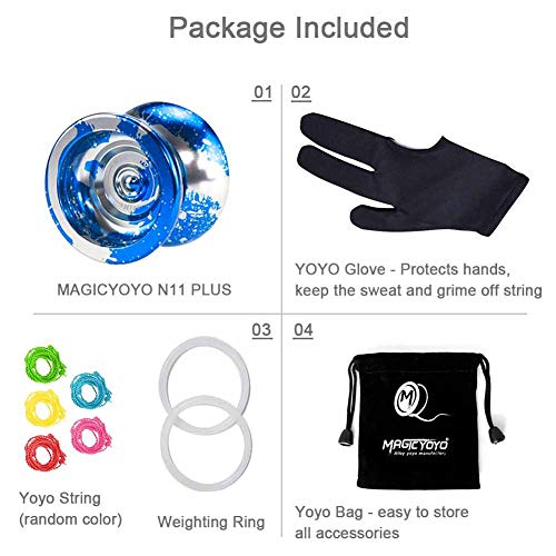 YOSTAR Yoyo Professional MAGICYOYO N11 Unresponsive Pro Yoyos Metal Yoyo Toy, + 5 Strings and Glove and Yo-yo Bag (Blue & Silver)