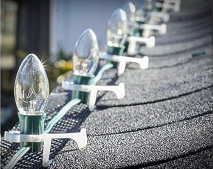 New! Halo Holiday Lighting Clips- Christmas - 100 Count - Quality Material and UV Protection - Locks Around C7/C9 Bulb sockets - Easy Install and take Down; for gutters and Shingles - Made in USA!