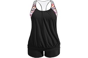 Holipick Plus Size Tankini Swimsuit for Women Two Piece Tummy Control Bathing Suit Blouson Racerback Tankini Top with Shorts