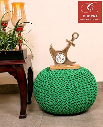 Chopra International Cotton Hand Knitted Pouf/Ottoman/Foot Stool for Bedroom, Living Room, 50x50x35 cm (Green)