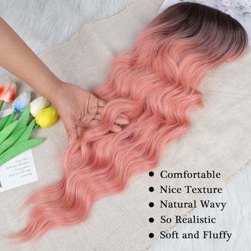 POPTAIYU Ombre Pink Wig with Bangs Long Wavy Wig With Air Bangs Silky Full Heat Resistant Synthetic Hair Pink, Hair Replacement Natural Looking Wigs for Christmas/Cosplay/Party 26 Inches(Ombre Pink)