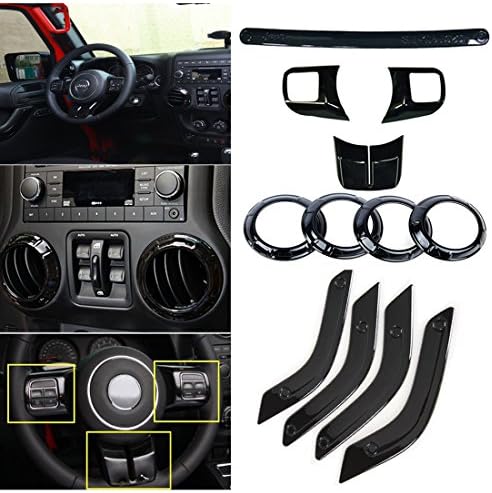 12pcs 4 Door Trim Kit Steering Wheel Center Console Air Outlet Trim Door Handle Cover Inner Passenger Seat Handle Trim For Jeep Wrangler Rubicon 2011-2017 (12pcs-Black)
