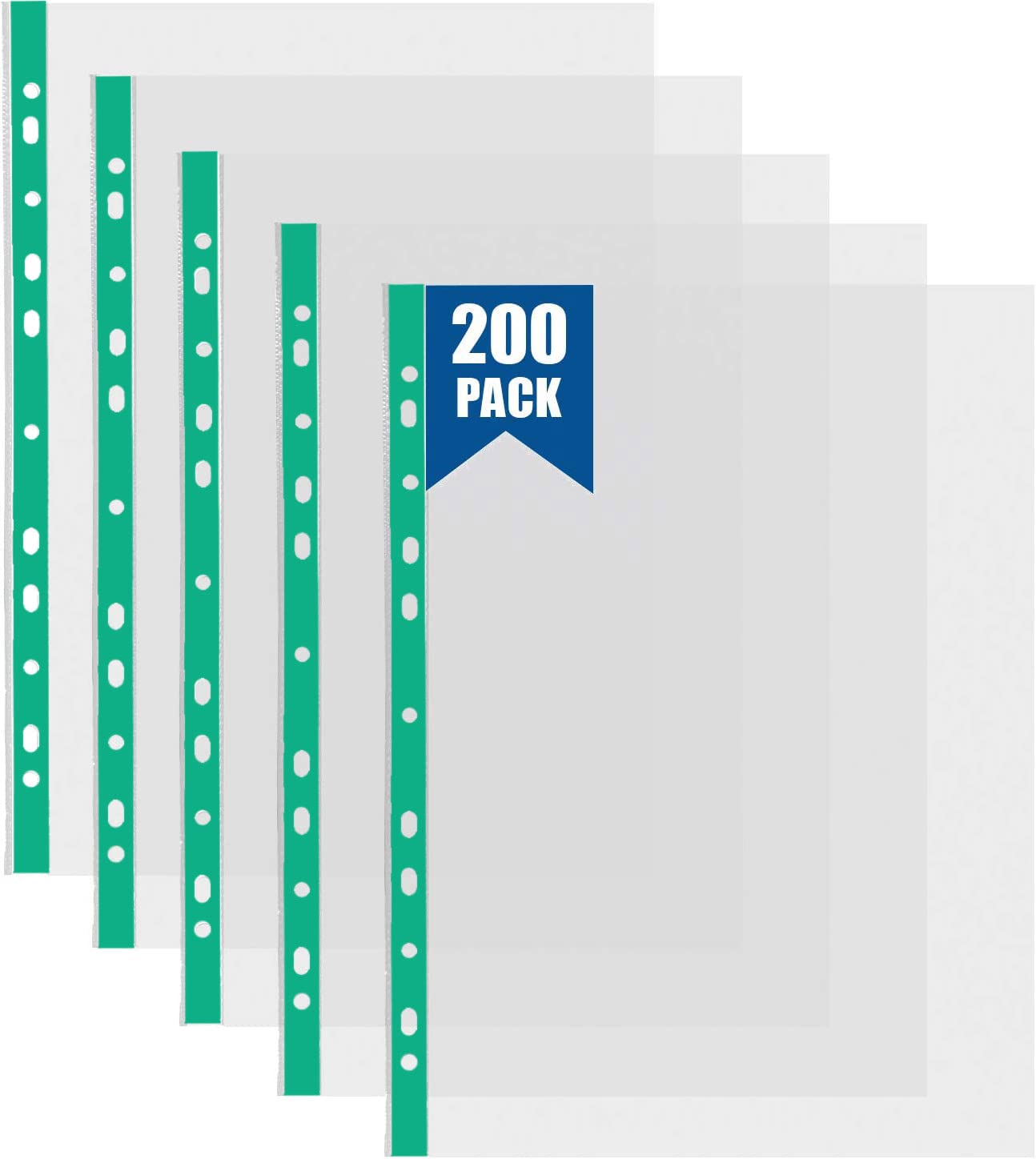 200 Pcs Plastic Wallets A4 Punched Pockets A4 Clear 60 Micron Strong Plastic Wallet Sleeves, Top Opening Poly Pockets for Ring Binder Folders, Green Edge