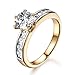 GULICX Halo Ring Emerald Round Cut 6 Prong Clear Cubic Zirconia Yellow Gold Tone Women Band for Party