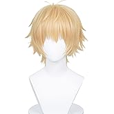 LABEAUTÉ Short Golden Wig for Men Cosplay Unisex Male Anime Yellow Wig with Bangs for Halloween Party Hair Wig + Cap