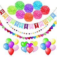 esafio Birthday Party Decorations, Happy Birthday Banner, 8 Pompom Flowers, 6 Heart-Shaped Balloons, 12 Round Balloons, Dot Garland, Heart Garland (Rainbow)