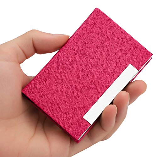 Business Card Holder, AHGXG Professional Leather Business Card Case Metal Name Card Holder Slim Stainless Steel With Magnetic Shut, Hold 20 Business Cards For Men&Women, Rose Red
