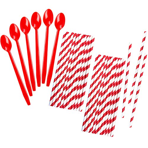 Red Plastic Sundae/Soda Spoons - 8 Inch - Red Stripe Paper Straws - 50 Each