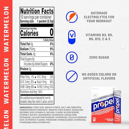 PROPEL ELECTROLYTE ENHANCED WATER DRINK MIX POWDER PACKETS, WATERMELON, ZERO CALORIE & ZERO SUGAR HYDRATION WITH ELECTROLYTES AND VITAMINS C & E (120 PACKETS)