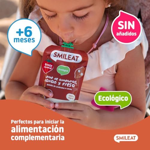 - Saquinho de fruta biológica - Sem sal ou açúcar adicionados, sem glúten - Lanche prático para crianças - Sabor a amêndoa, cacau e leite de morango