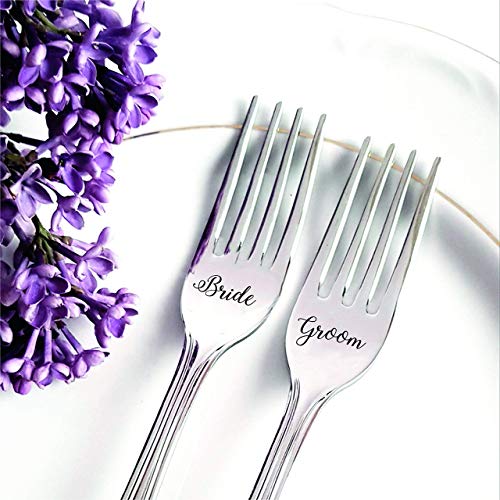 Engraved Bride and Groom Wedding Fork Set, Silver Utensils for Wedding