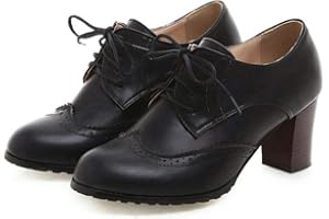 VIMISAOI Women's Vintage Oxfords Brogues Wingtip Chunky Block Heel Shoes, Lace-up Perforated Stacked Pumps Dress Saddle Shoes Gift