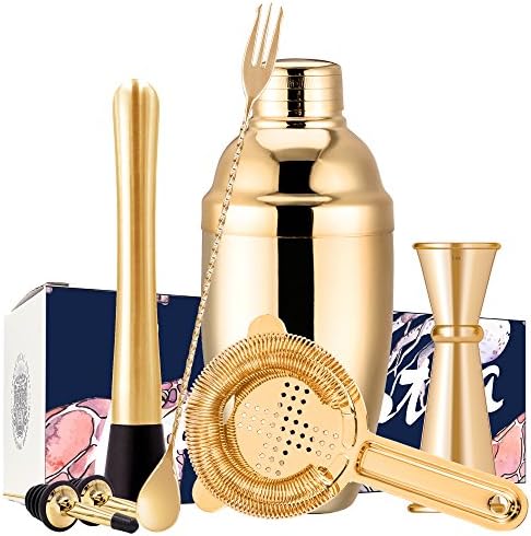 18.6 Ounce Cobbler Cocktail Shaker Set Gold Plated with Mojito Muddler, Trident Barspoon, Hawthorne Strainer, Japanese Double Jigger and 2 Pour Spout Bartender Tool Kit by Homestia