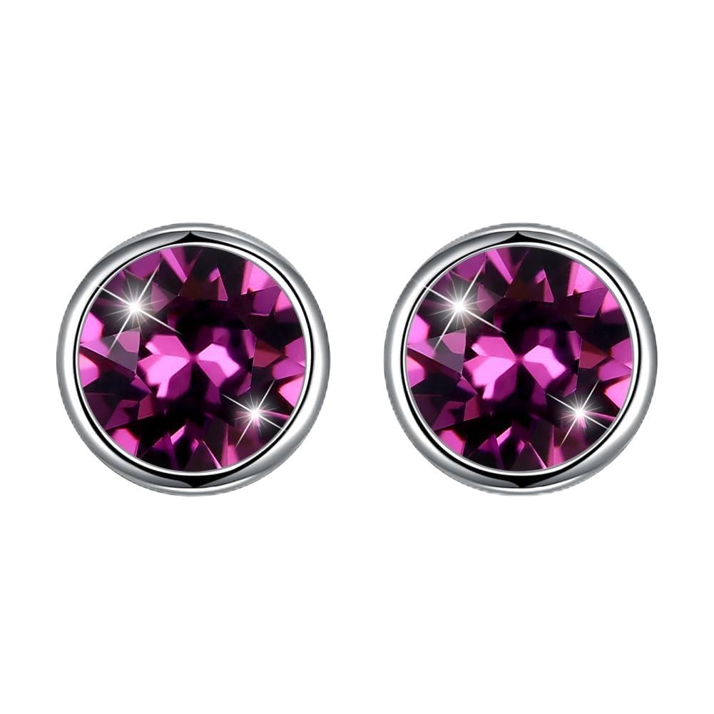 Hanie Silver Stud Earrings for Women, 925 Sterling Silver Crystal Studs Earrings, 8mm Purple Round Small Sleeper Earrings, Unisex Allergen-Free Jewellery for Women Men Girls Boys โ image 1