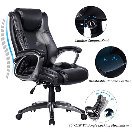 VANBOW Leather Memory Foam Office Chair - Adjustable Lumbar Support Knob and Tilt Angle High Back Executive Computer Desk Chair, Thick Padding for Comfort Ergonomic Design for Lumbar Support, Black