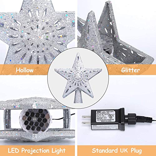 Christmas Tree Topper with LED Lighted Snowflake Projector, Silver Glittered Star Tree Topper for Christmas Tree Decorations Indoor LED Night for Christmas Nursery Bedroom Holiday Decoration