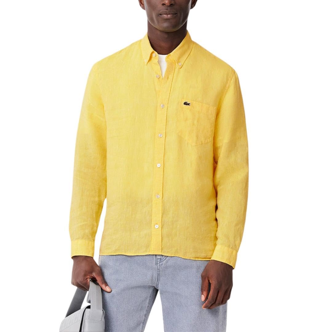Lacoste Men’s Regular Fit Linen Shirt, Yellow, Medium