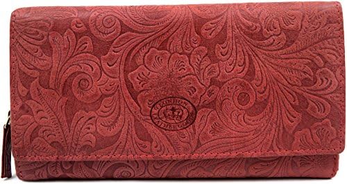 Ladies / Womens Large Genuine Leather Vintage Floral Purse / Clutch - Red