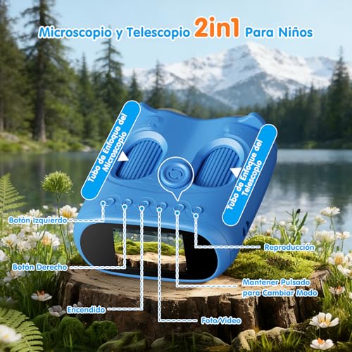 Cheffery 2 in 1 Microscope for Children and Telescope, Children's Digital Microscope with 32GB Memory Card, 1000X Portable Children's Microscope with 2" IPS Screen and 8 LEDs, for Ages 3+