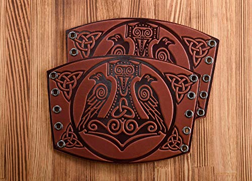 Leather Cuff Bracer - LARP Gauntlet - Leather Wristbands - LARP Accessories Viking Bracers - Viking Thor`s Hammer Ravens - Length 5" - Thumbnail 4