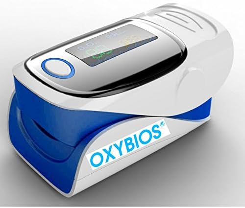 'Finger Pulse Monitor Blue All in One Portable and Heart Rate Monitor with Instructions in French. Analysis and Measurement of Oxygen Saturation in Blood SpO2